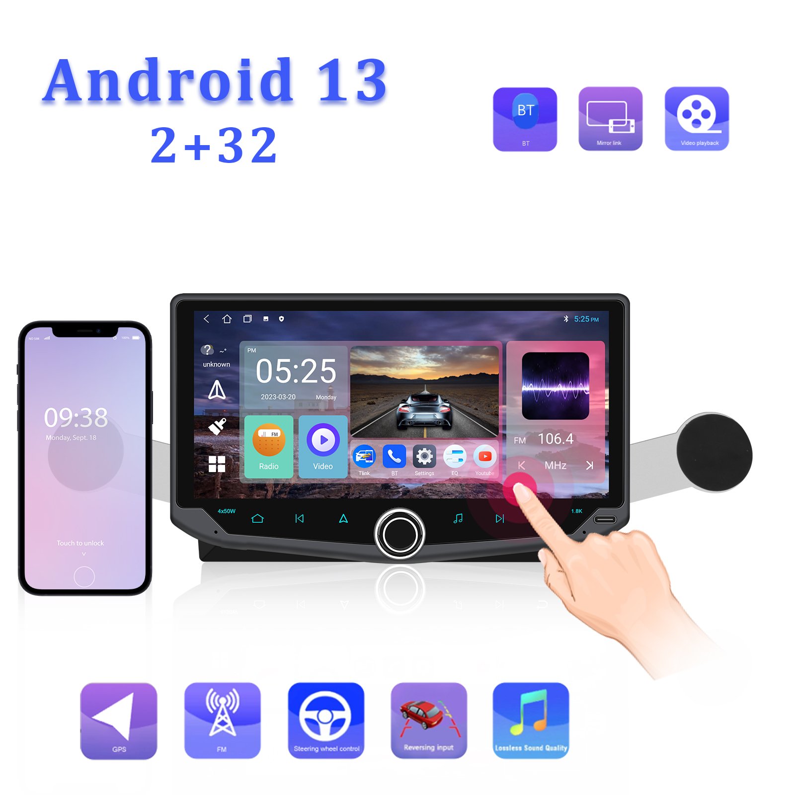 Podofo 1Din 10.88'' Android 13 Car Radio Stereo Carplay Android Auto GPS Navigation2+32GB Car Player WIFI BT USB FM AUX