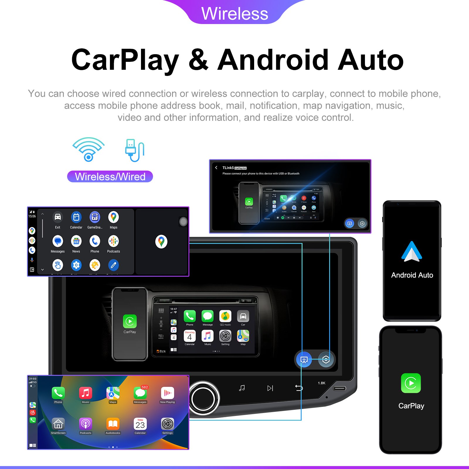 Podofo 1Din 10.88'' Android 13 Car Radio Stereo Carplay Android Auto GPS Navigation2+32GB Car Player WIFI BT USB FM AUX