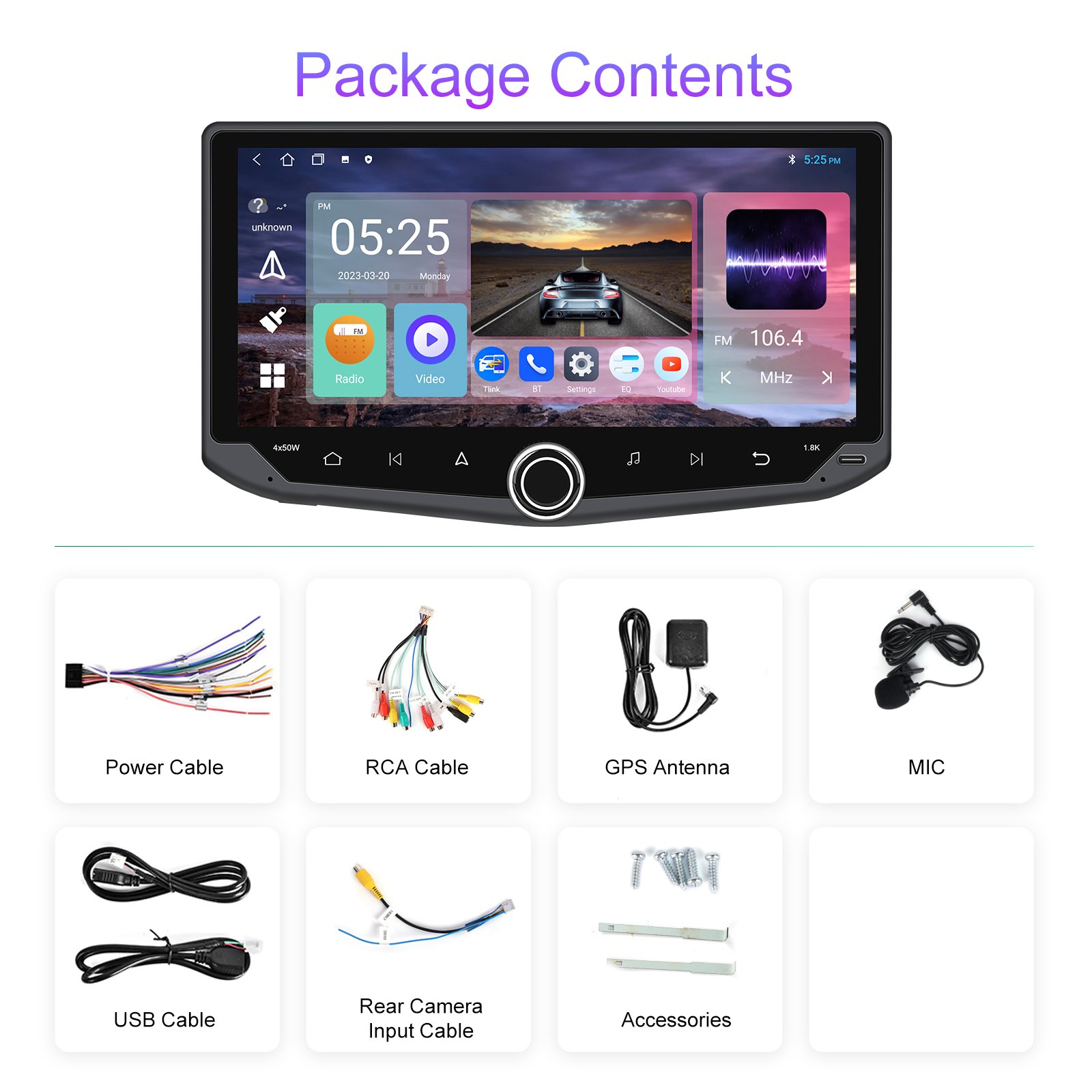 Podofo 1Din 10.88'' Android 13 Car Radio Stereo Carplay Android Auto GPS Navigation2+32GB Car Player WIFI BT USB FM AUX