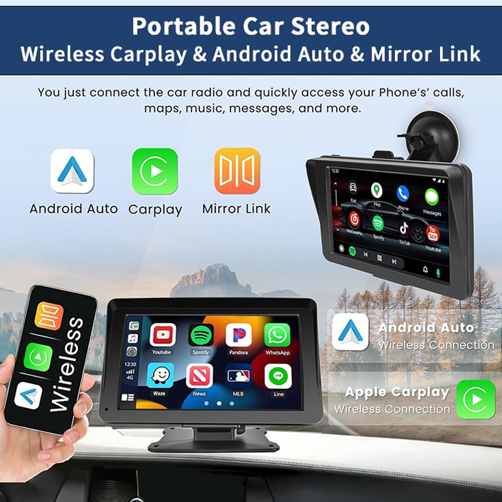SUNWAYI 7 Inch Touch Screen GPS BT FM Smart Portable Wireless Carplay & Android Auto Car Radio Autoe stereo Car Monitor