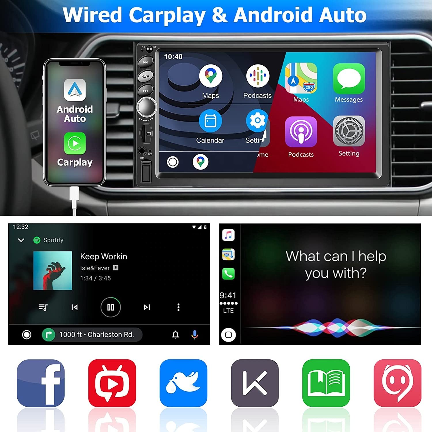 Podofo Double Din Car Stereo with Carplay & Android Auto 7'' Touchscreen Car Radio Autoradio BT FM Receiver SWC USB/TF/AUX Input