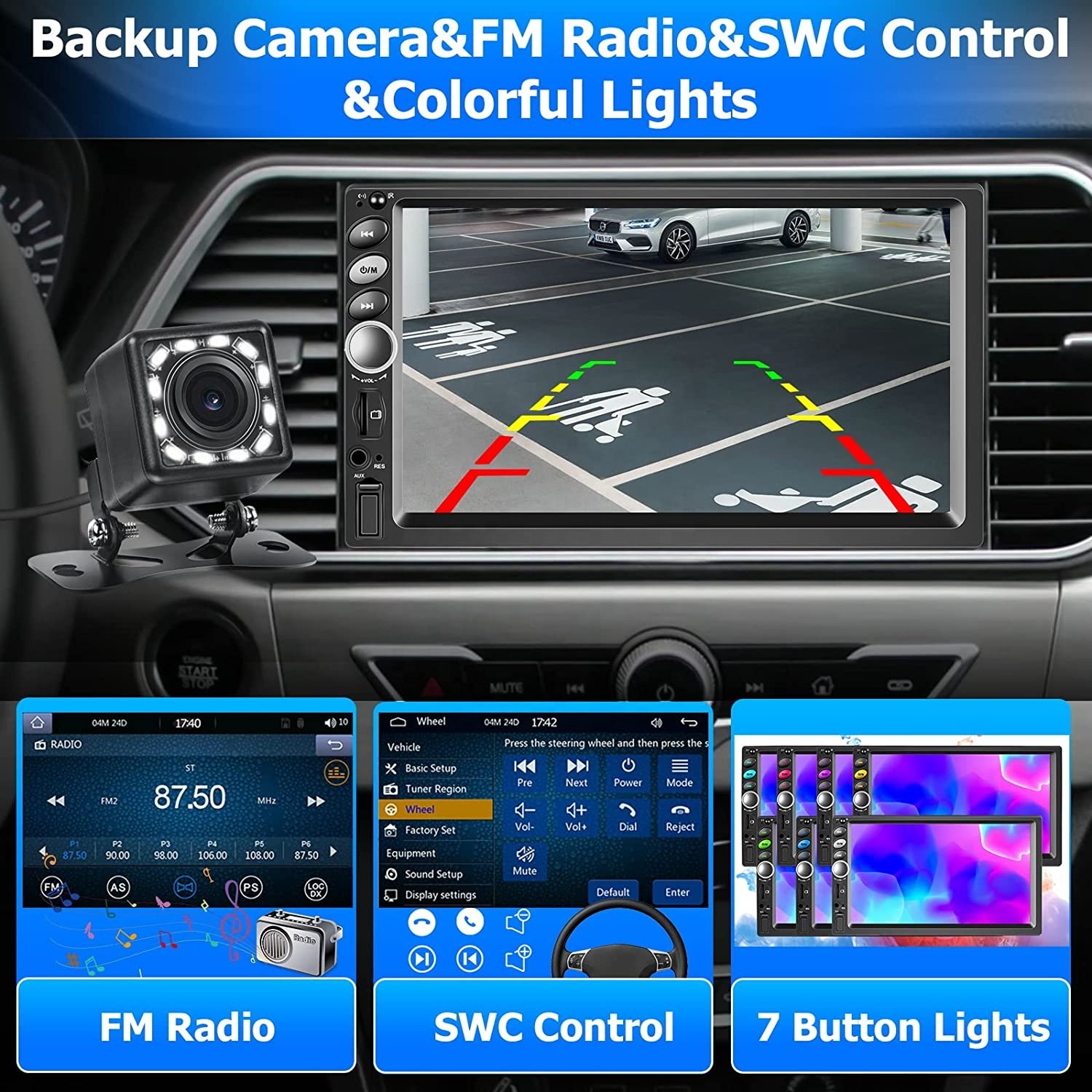 Podofo Double Din Car Stereo with Carplay & Android Auto 7'' Touchscreen Car Radio Autoradio BT FM Receiver SWC USB/TF/AUX Input