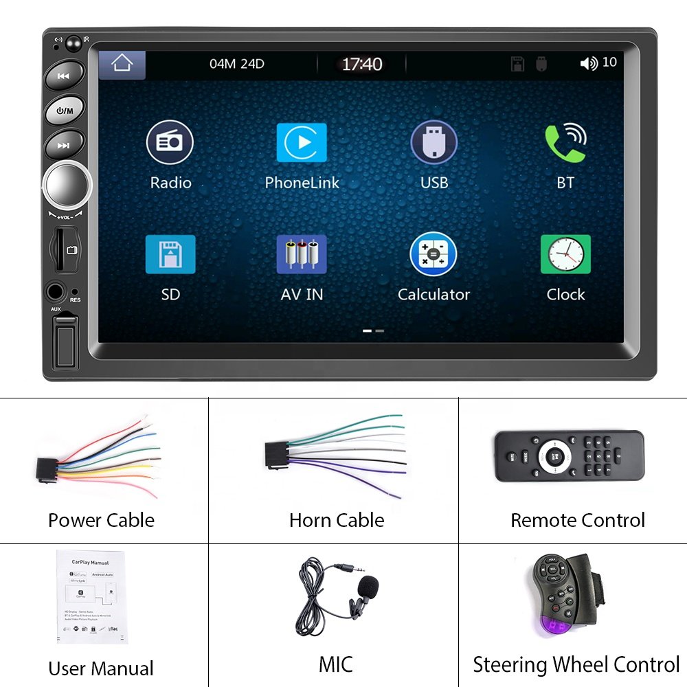 Podofo Double Din Car Stereo with Carplay & Android Auto 7'' Touchscreen Car Radio Autoradio BT FM Receiver SWC USB/TF/AUX Input