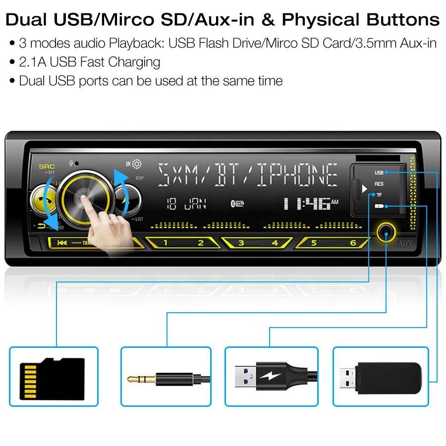 JMC Hands Free Car MP3 Radio Player Light FM Aux Digital Media Receiver RGB Single Din 7 Color Universal USB SD Card MP3 WMA