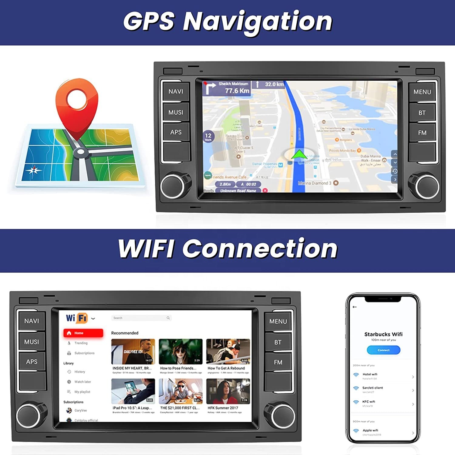 Podofo 2+64GB 7'' Android Car Radio Auto Carplay Autoradio GPS WIFI FM RDS HIFi For VW/Touareg/Transporter/Multivan 2004-2009
