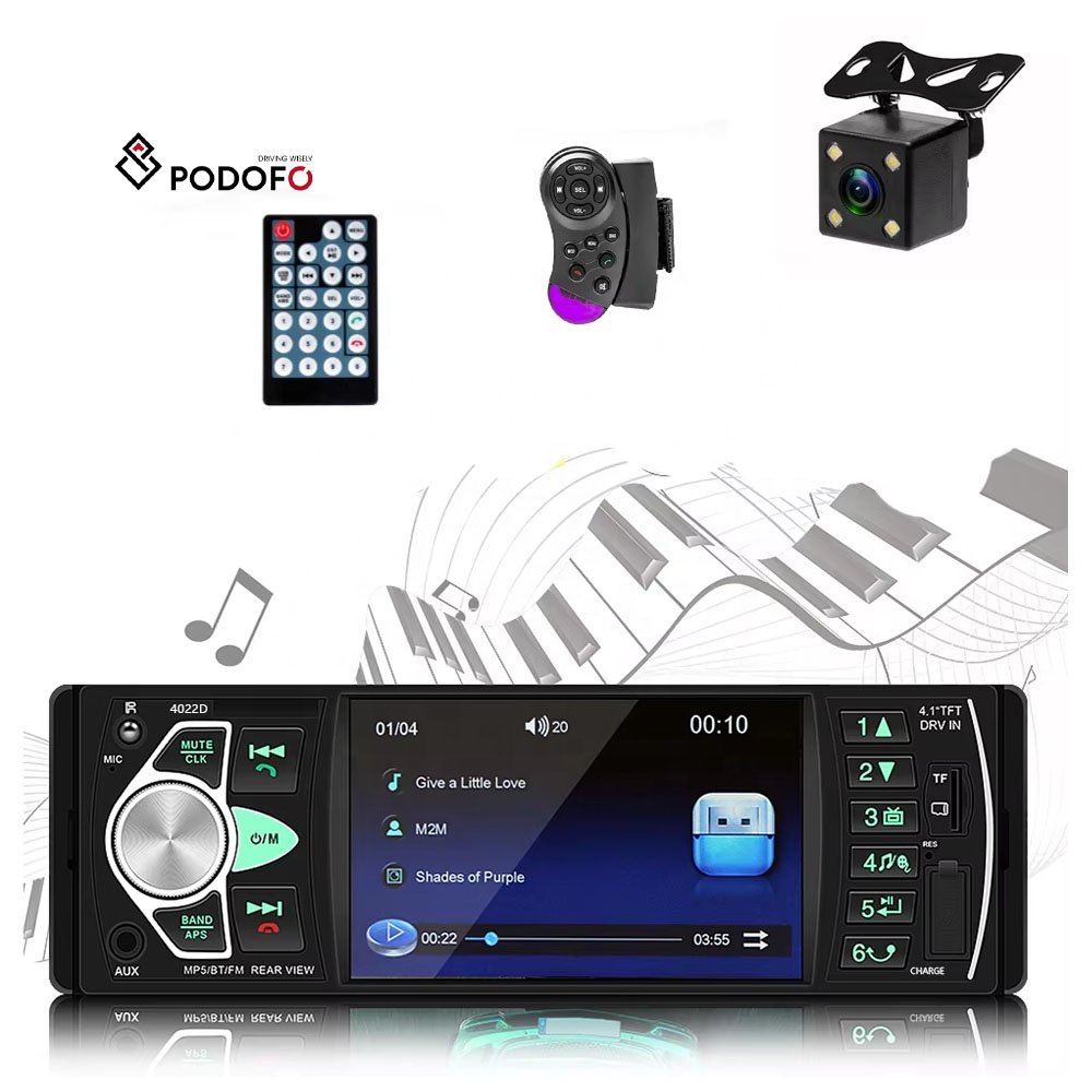 Podofo 4.1'' 1 Din Car Radio Car MP5 Player 4022D BT USB AUX TF Card Slot Steering Wheel Remote Control + Rear Camera EU Stock!!