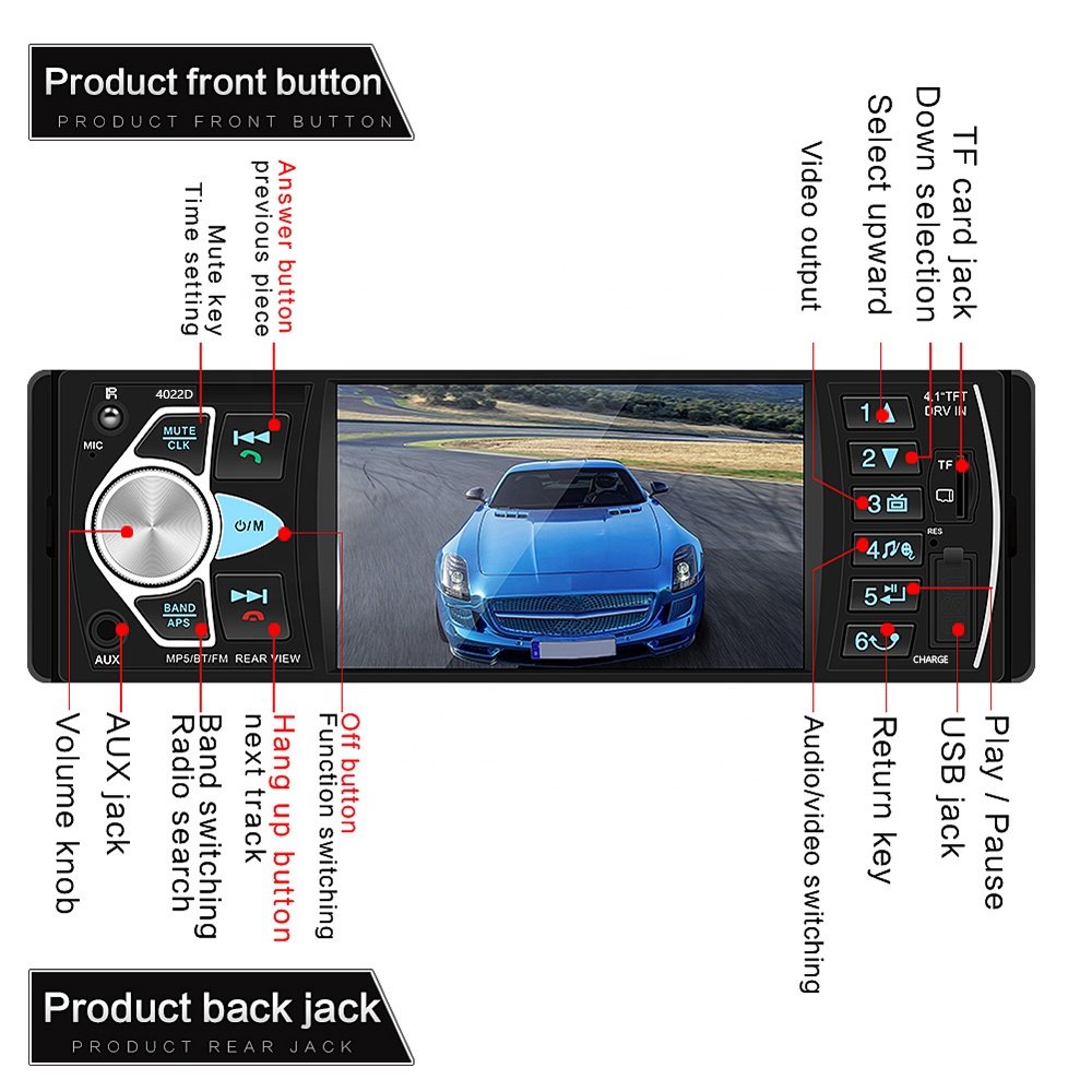 Podofo 4.1'' 1 Din Car Radio Car MP5 Player 4022D BT USB AUX TF Card Slot Steering Wheel Remote Control + Rear Camera EU Stock!!