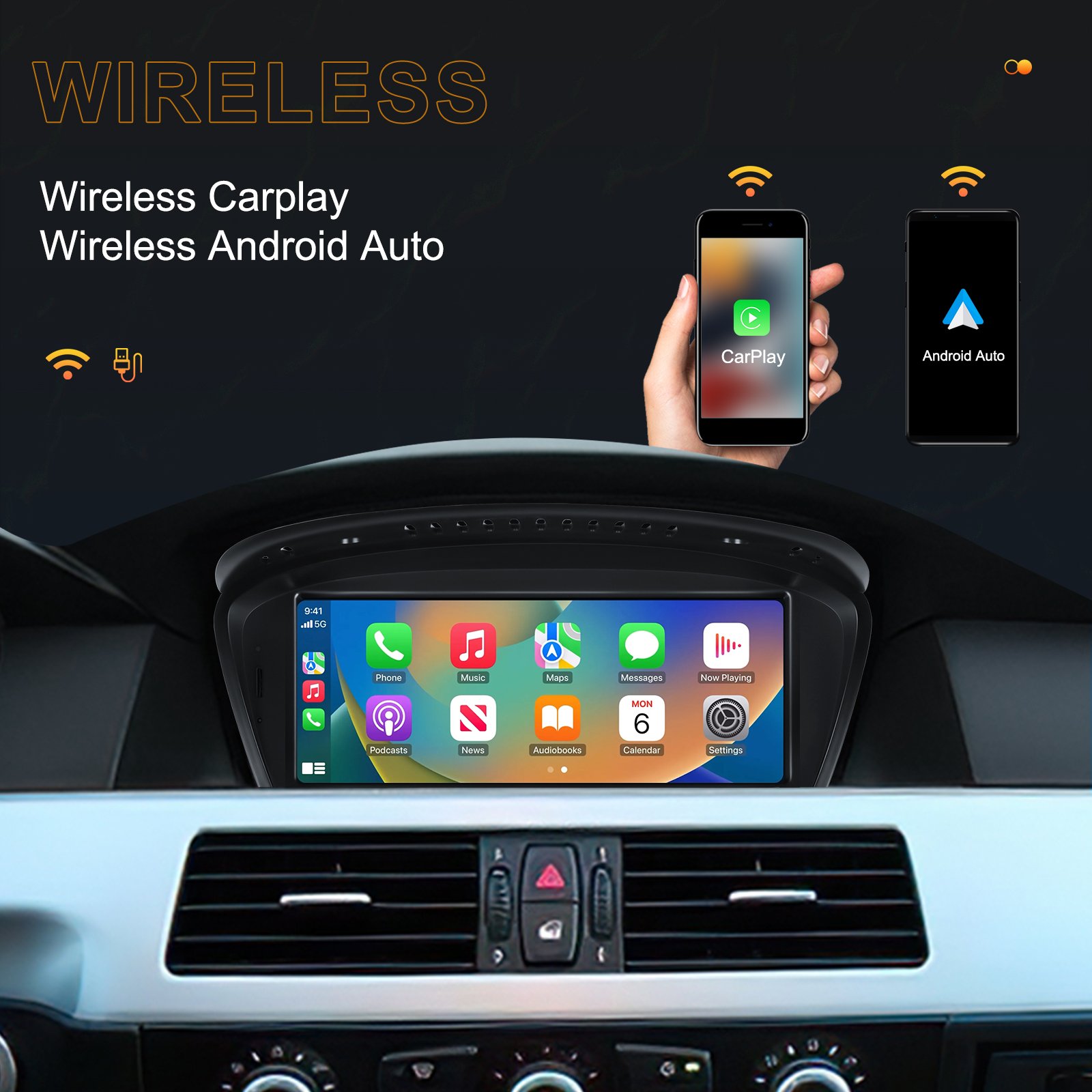 Podofo 8.8inch 8 Core Android 4+64GB 2 Din Car Radio For BMW 5 series E60 2009-2010 CarPlay & Android Auto GPS 4G WIFI 4K Video