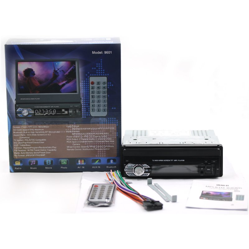 1 din single din car stereo HD multimedia 7 inch car dvd player with retractable screen
