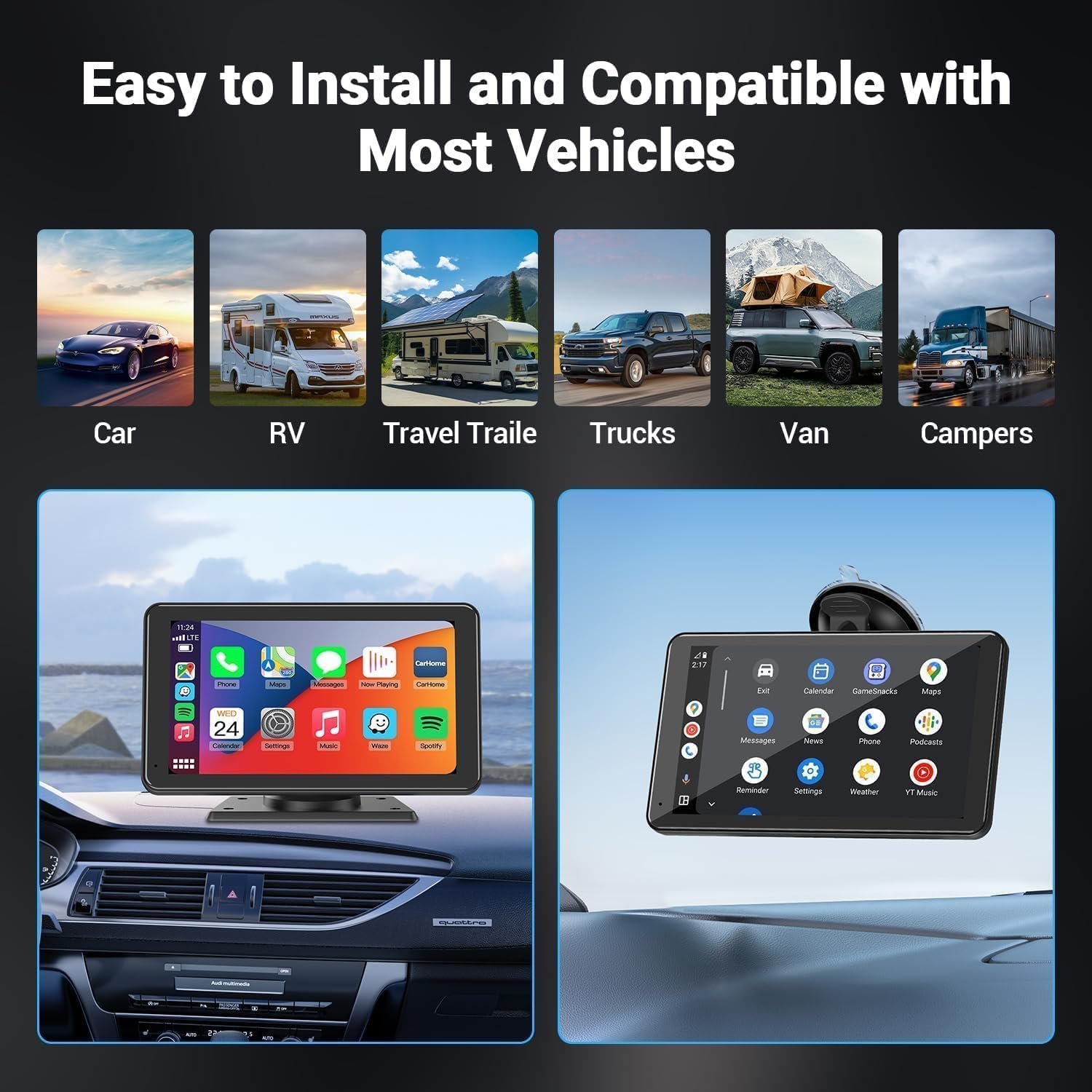 Portable 7'' Wireless CarPlay Monitor HD IPS Touch Screen Car Stereo with Apple Carplay Android Auto Airplay Mirror Link Car DVD