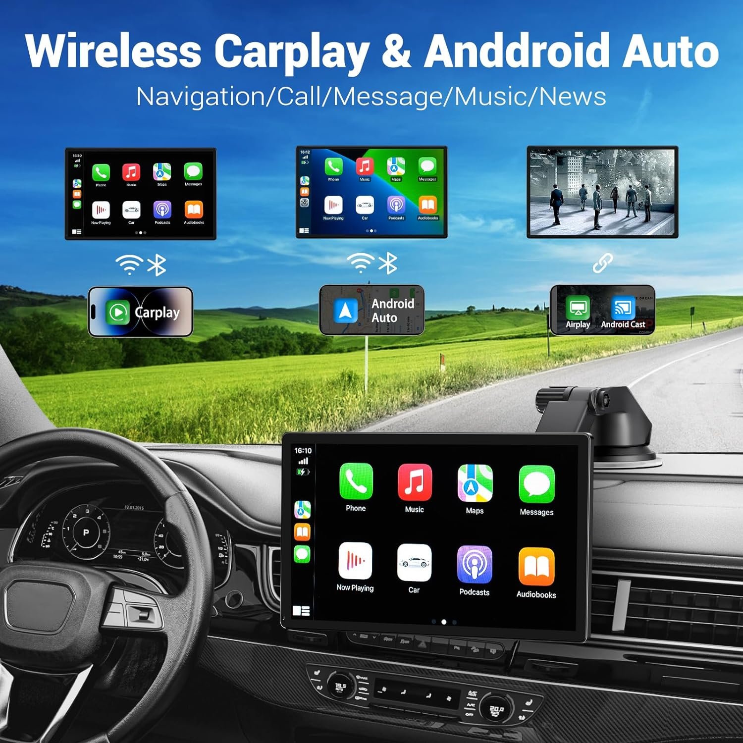 Portable 7'' Wireless CarPlay Monitor HD IPS Touch Screen Car Stereo with Apple Carplay Android Auto Airplay Mirror Link Car DVD
