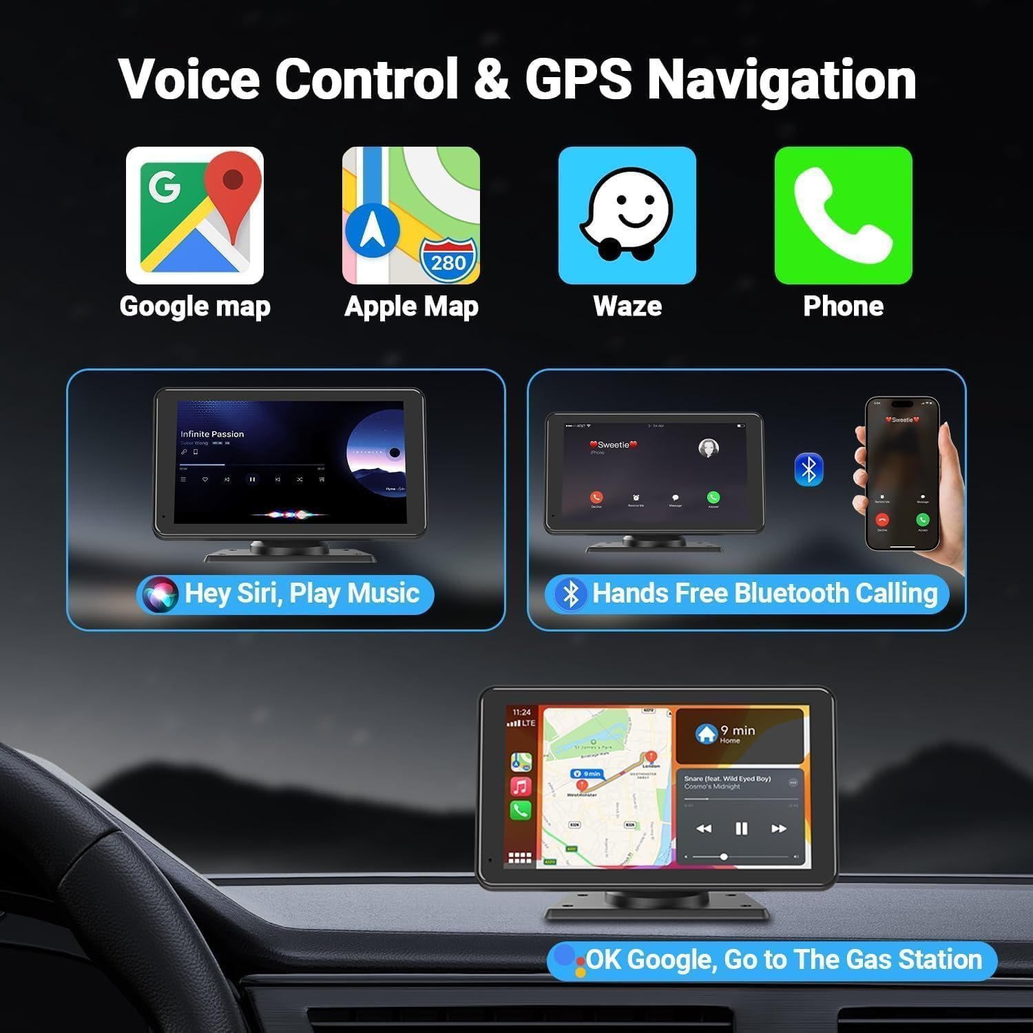 Portable 7'' Wireless CarPlay Monitor HD IPS Touch Screen Car Stereo with Apple Carplay Android Auto Airplay Mirror Link Car DVD