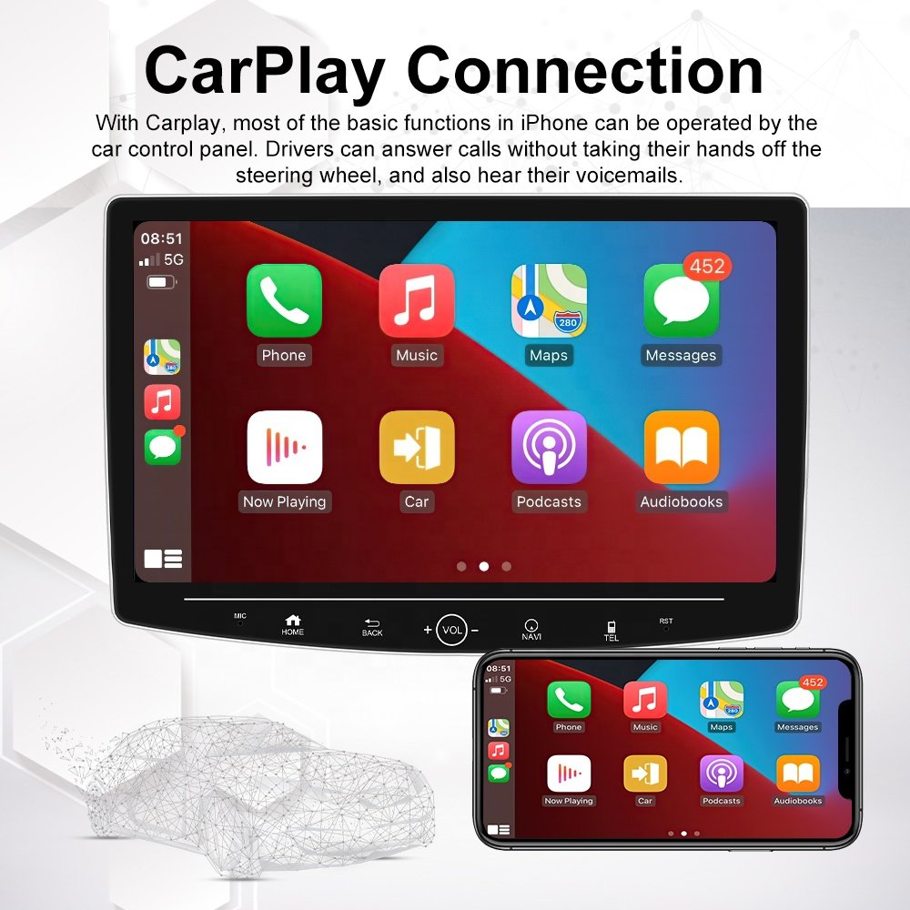 Podofo 1+32/2+64G 10" 1 Din Rotatable Android Car Radio Autoradio with Carplay & Android Auto GPS Wifi BT FM RDS HIFi Audio
