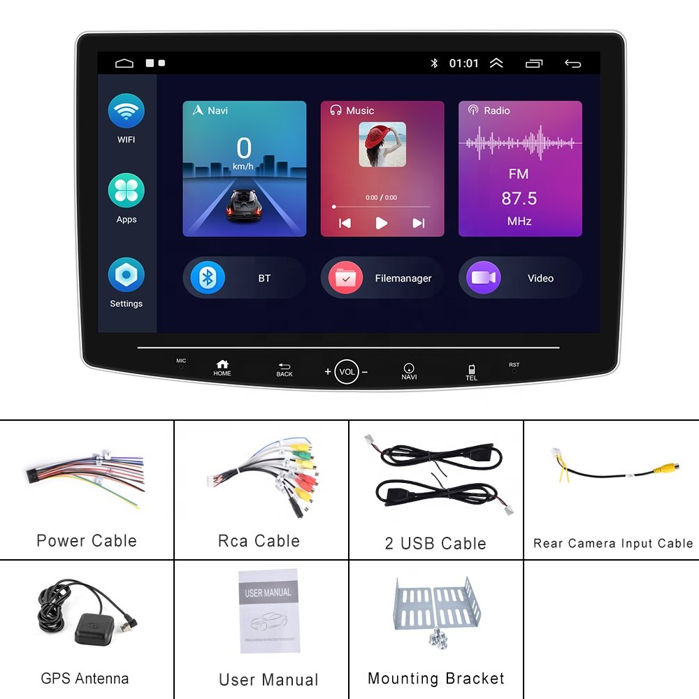 Podofo 1+32/2+64G 10" 1 Din Rotatable Android Car Radio Autoradio with Carplay & Android Auto GPS Wifi BT FM RDS HIFi Audio