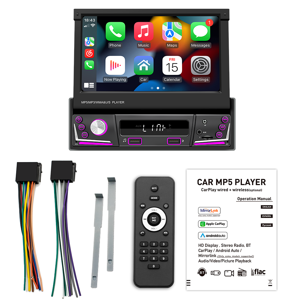 1 din 7" Retractable Screen MP5 CarPlay Morrorlink FM RDS Car MP5 Player Phone Charging Colorful button lights Stereo 9606W