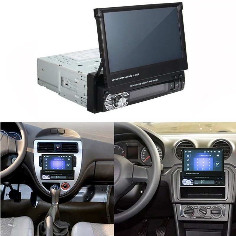 Podofo Car Stereo audio Radio BT 1Din 7" HD Retractable Touch Screen Monitor DVD MP5 SD FM USB Player Rear View Camera