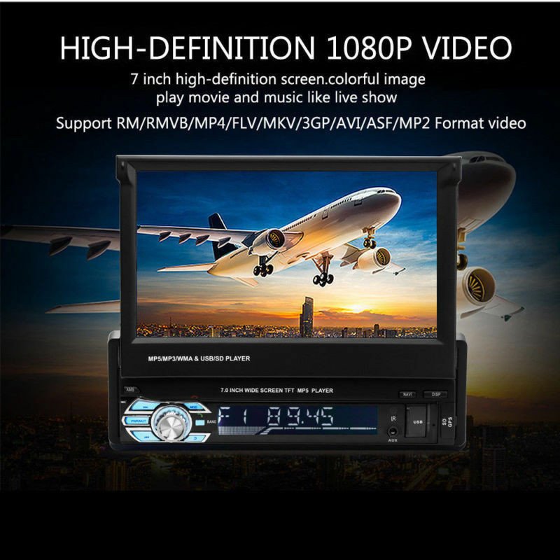 Podofo Car Stereo audio Radio BT 1Din 7" HD Retractable Touch Screen Monitor DVD MP5 SD FM USB Player Rear View Camera