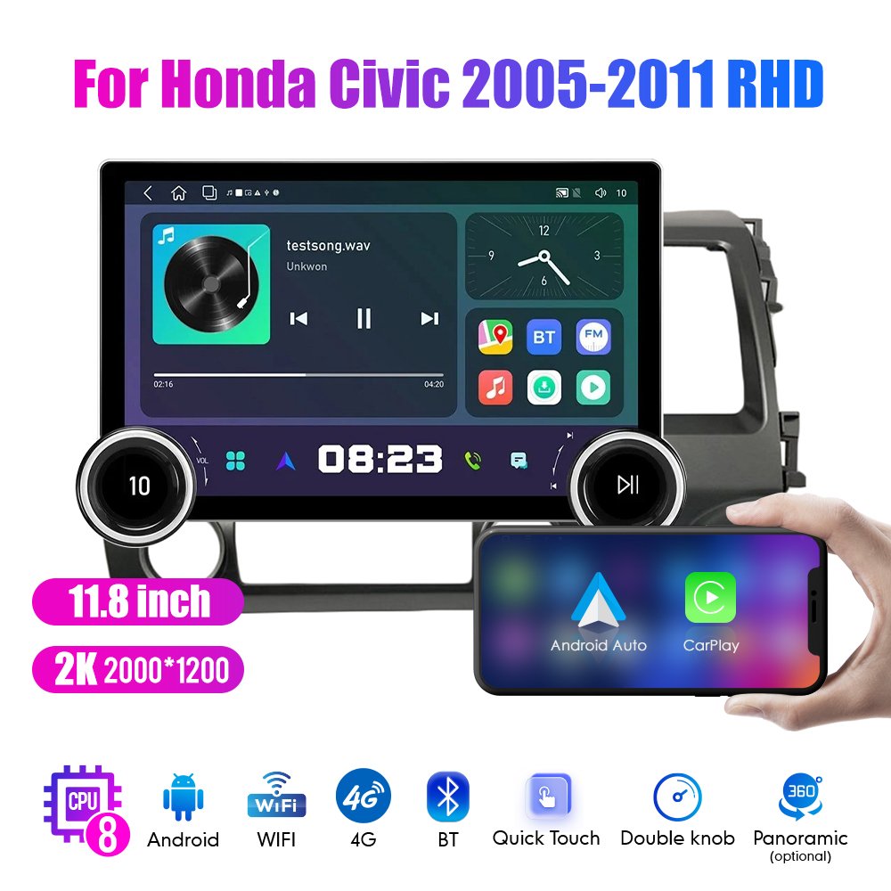 11.8Inch 2Din Android Car Radio For Honda Civic 2005-2011 RHD 2K QLED Screen Car Stereo Car DVD Player Carplay Android Auto