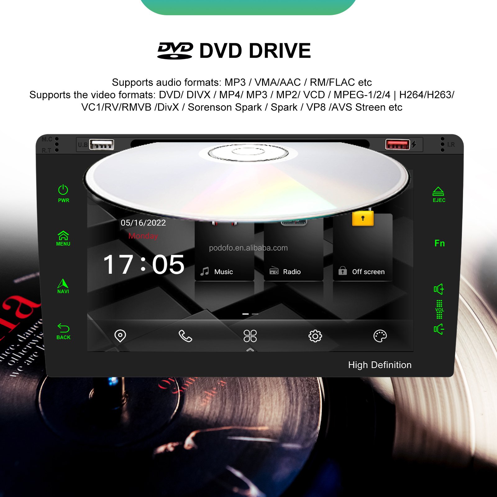 Podofo Car DVD Player 9 Inch Android Car Radio 8 Core 2+32GB CarPlay Android Auto For Hyundai Sonata 8 2011-2014 GPS DSP RDS