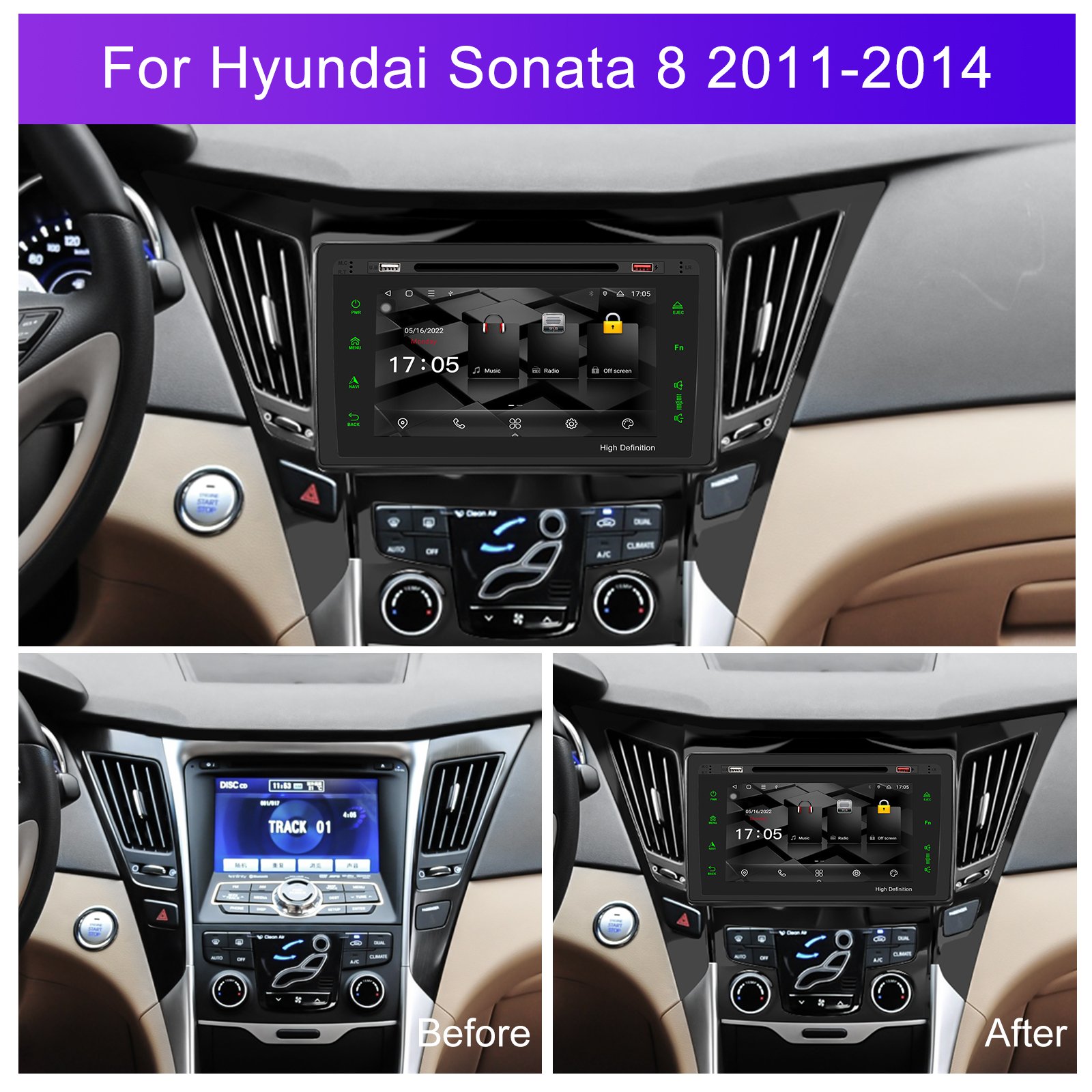 Podofo Car DVD Player 9 Inch Android Car Radio 8 Core 2+32GB CarPlay Android Auto For Hyundai Sonata 8 2011-2014 GPS DSP RDS