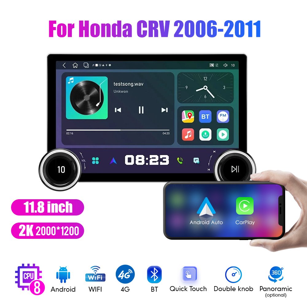 11.8" Diamond Dual Knobs 2K QLED Screen 2 Din Android Car Radio For Honda CRV 2006-2011 Stereo Android Auto Carplay