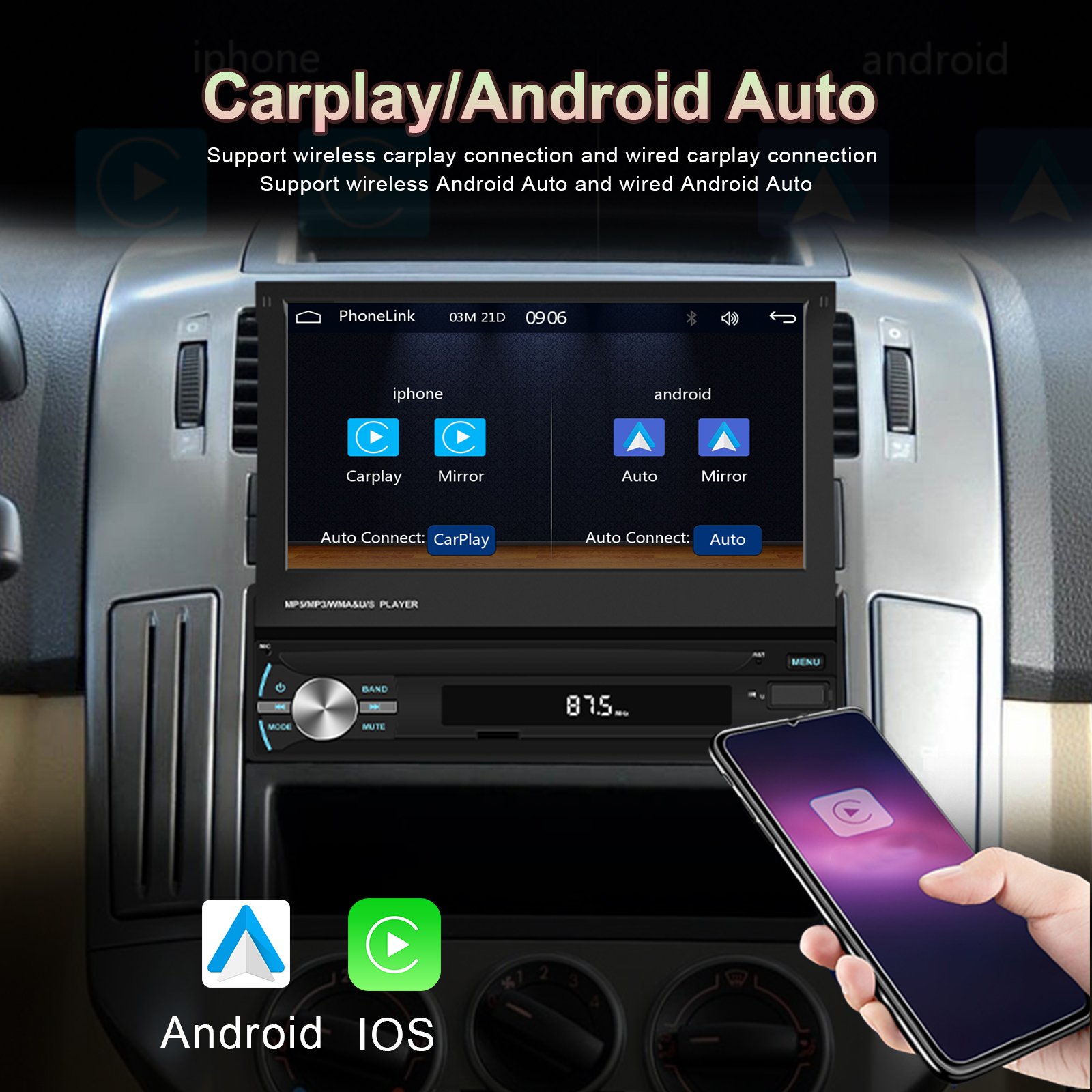 Podofo 7'' Single Din Car MP5 Player Car Stereo Auto Electronics Wireless Carplay Android Auto GPS AM/FM BT