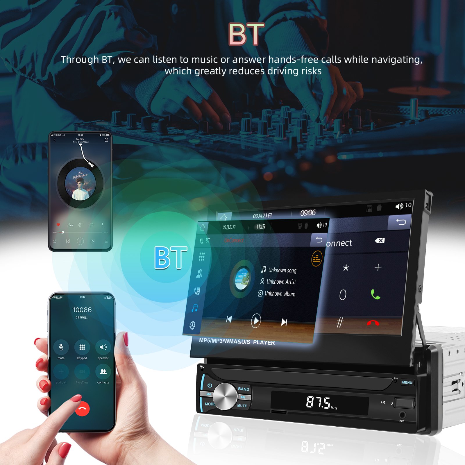 Podofo 7'' Single Din Car MP5 Player Car Stereo Auto Electronics Wireless Carplay Android Auto GPS AM/FM BT