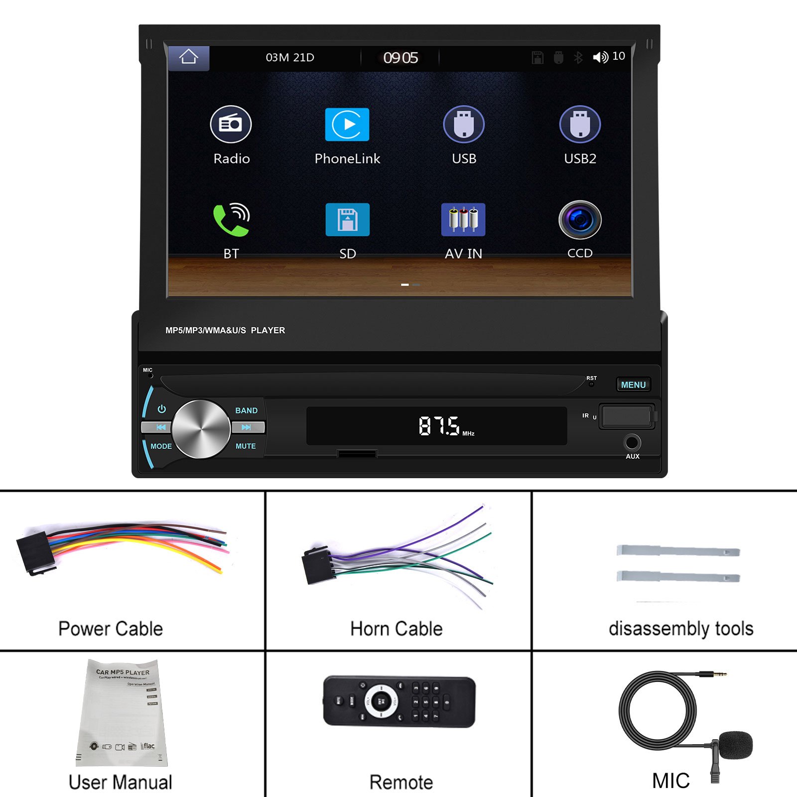 Podofo 7'' Single Din Car MP5 Player Car Stereo Auto Electronics Wireless Carplay Android Auto GPS AM/FM BT