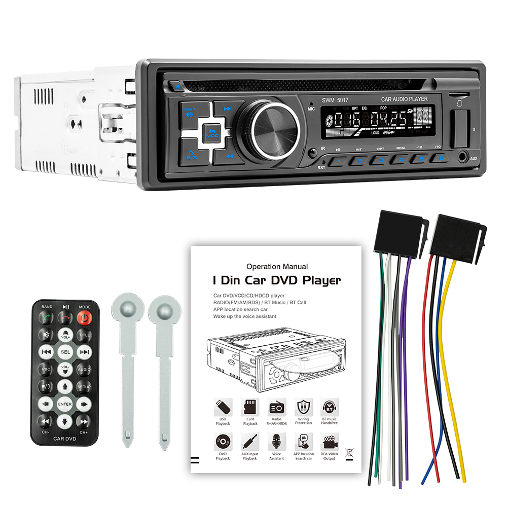 BQCC 1Din Car DVD Player FM AM RDS Radio BT Sound adjustment USB AUX Input TF Power Protection External Display AI Voice 5017