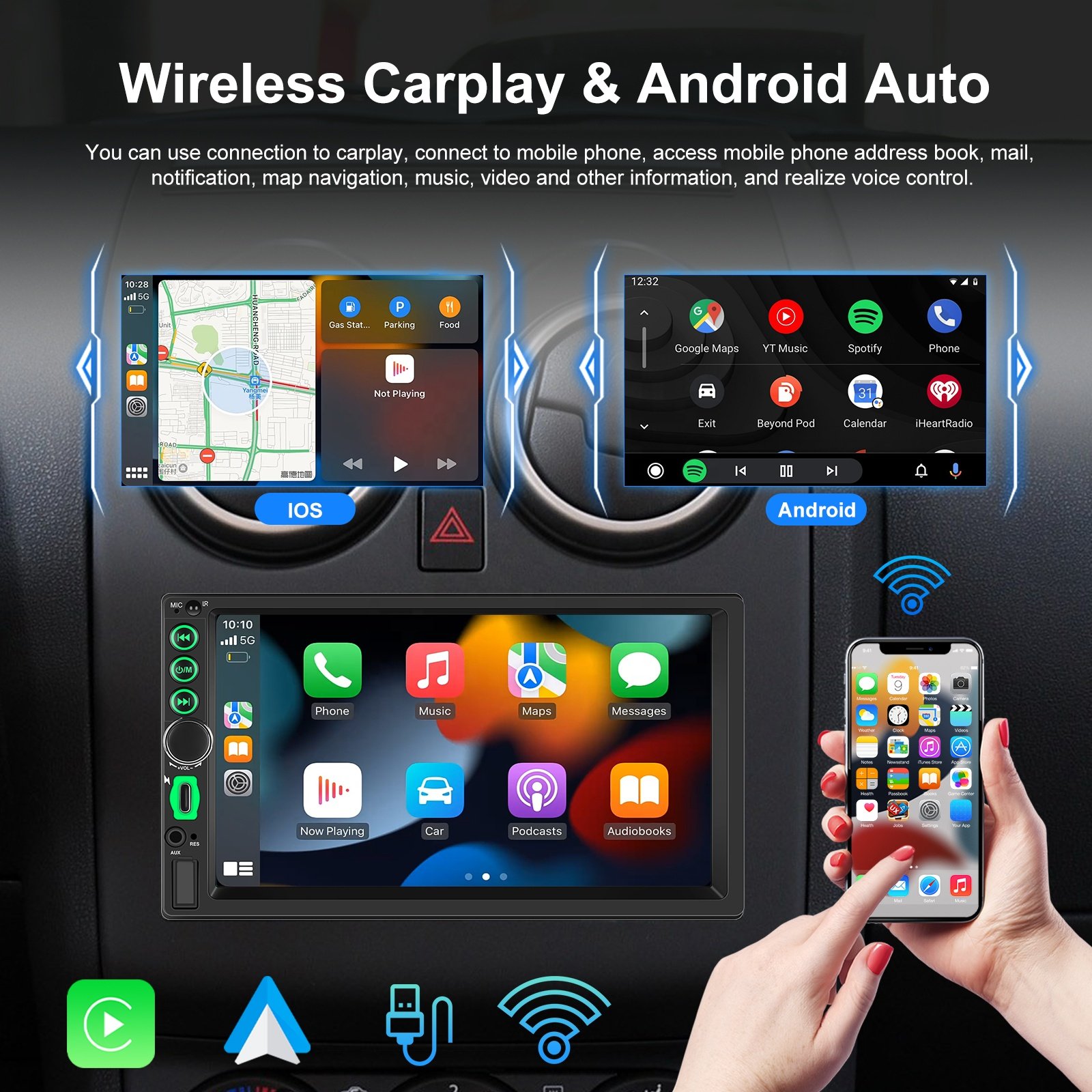 Podofo Double Din Car Stereo Wireless Carplay Android Auto Car Radio 7'' HD Touch Screen Car MP5 Player GPS BT AUX-IN USB FM