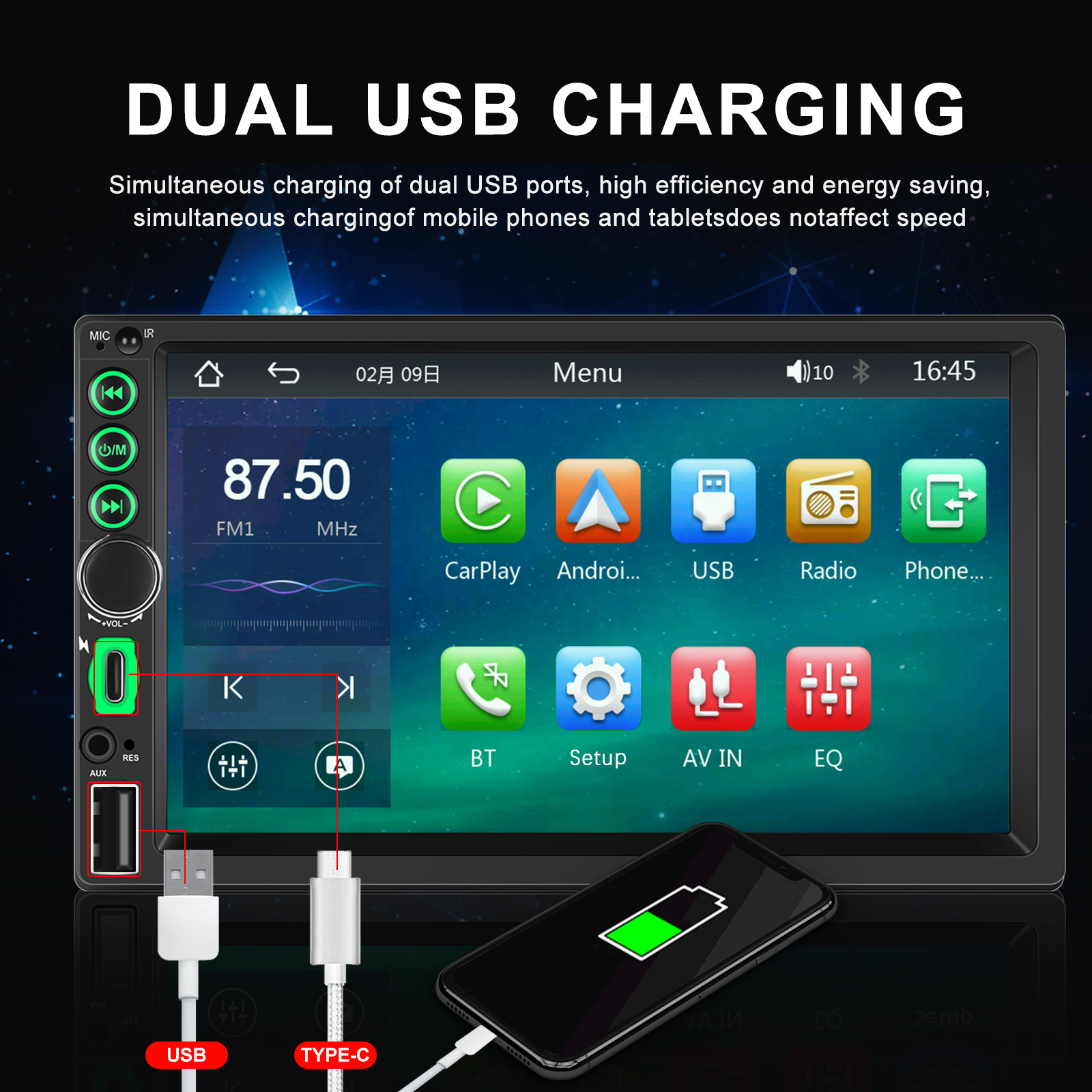 Podofo Double Din Car Stereo Wireless Carplay Android Auto Car Radio 7'' HD Touch Screen Car MP5 Player GPS BT AUX-IN USB FM