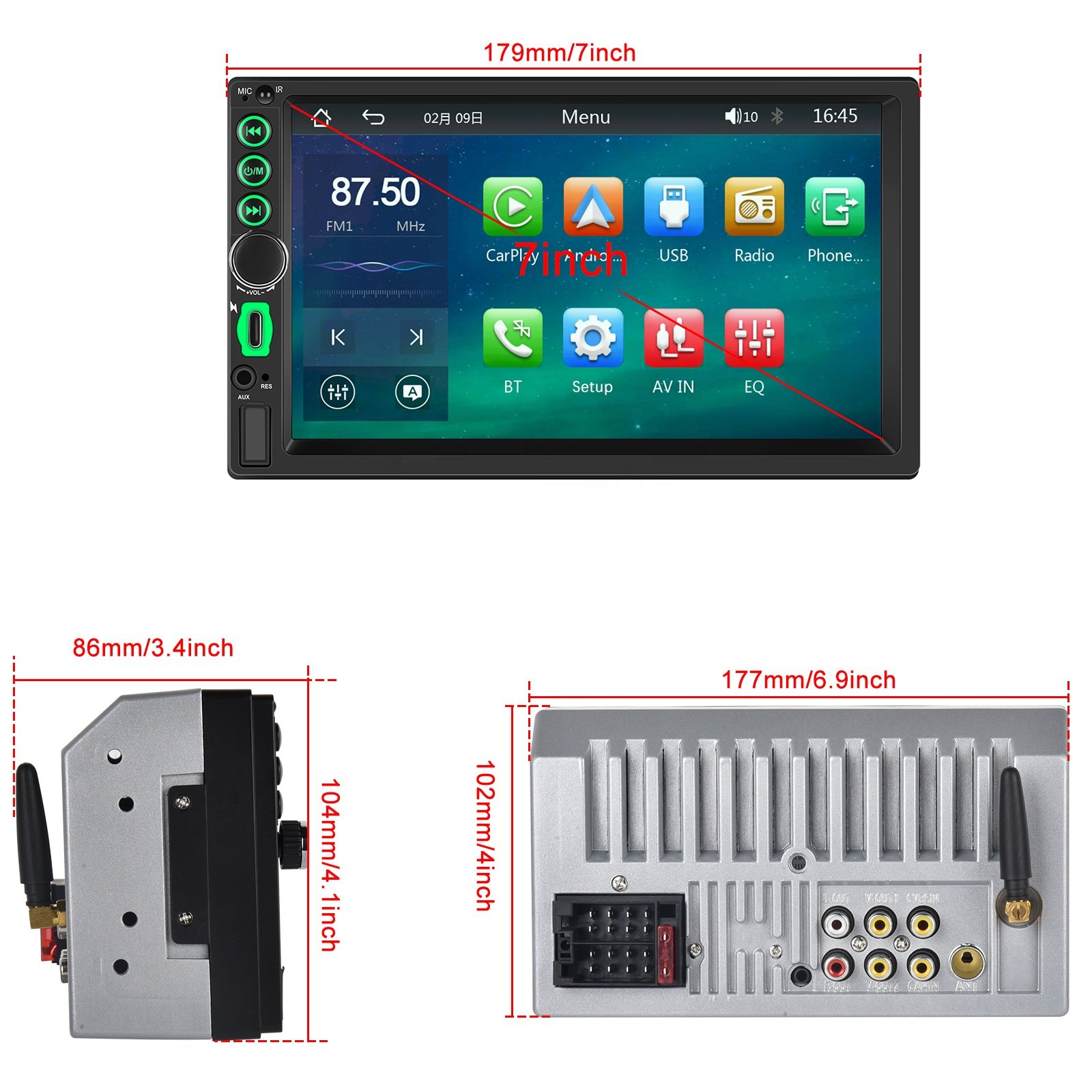 Podofo Double Din Car Stereo Wireless Carplay Android Auto Car Radio 7'' HD Touch Screen Car MP5 Player GPS BT AUX-IN USB FM