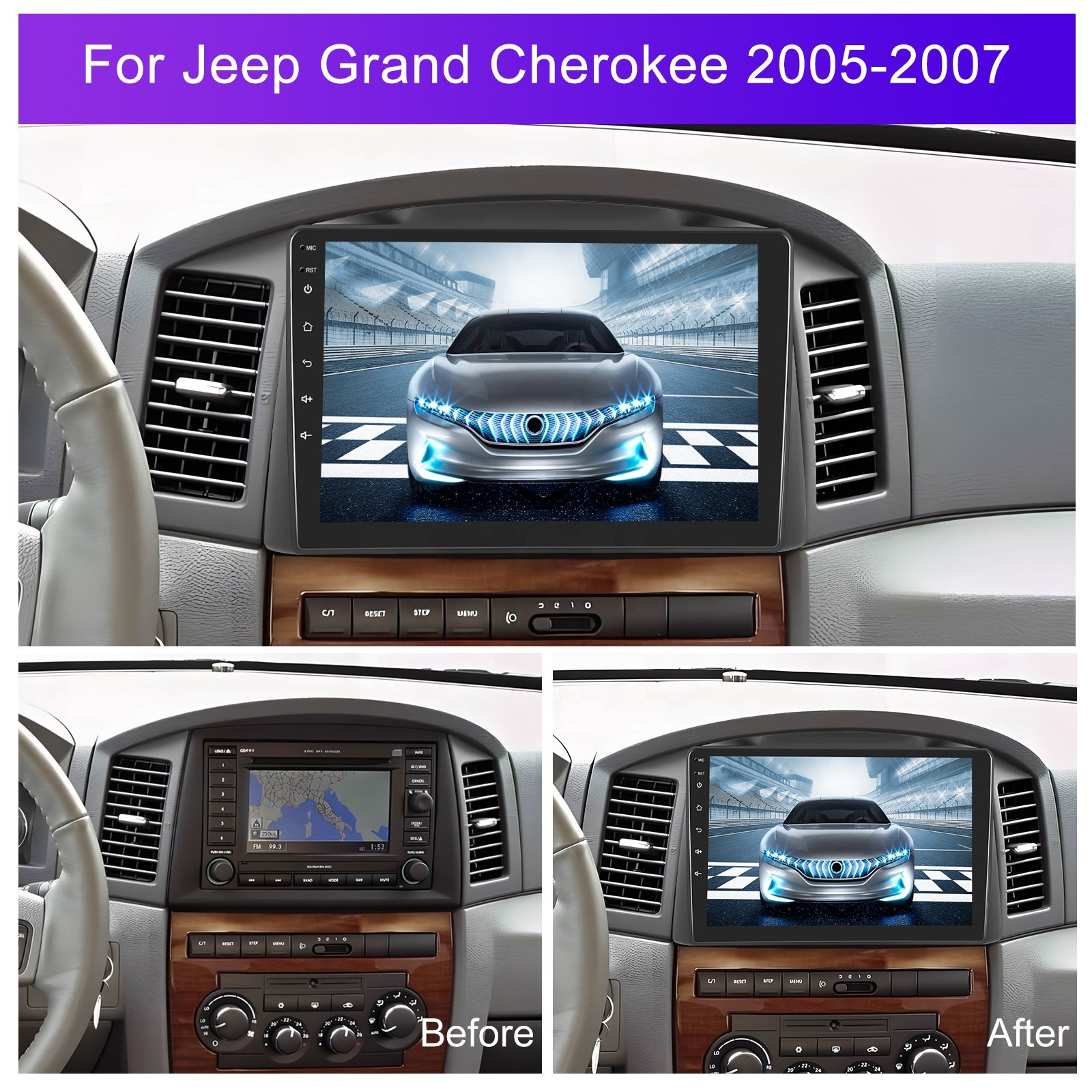 Podofo 10.1 Inch Double Din Android Car Stereo Car Radio Carplay Android Auto for Jeep Grand Cherokee 2005-2007 GPS HIFI