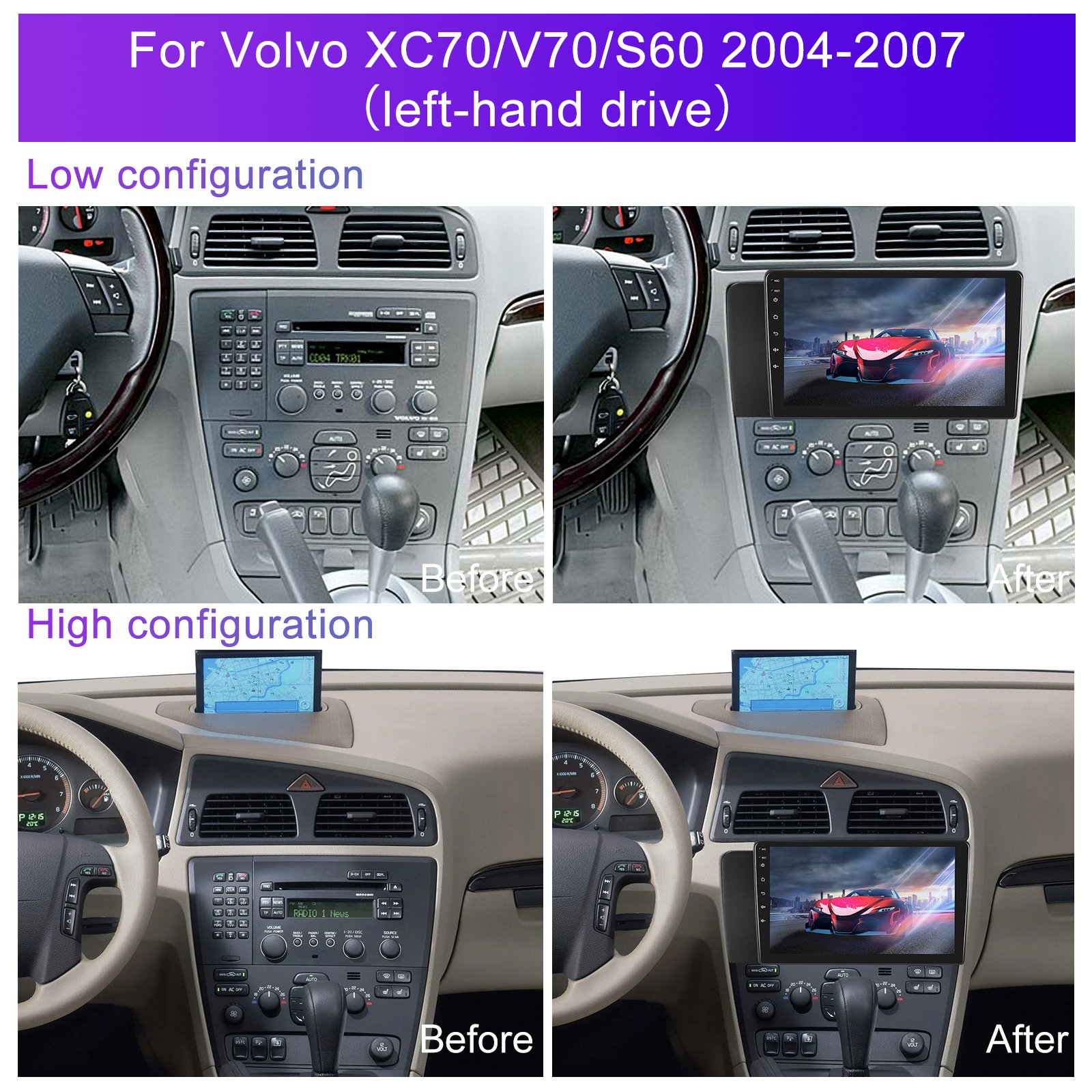 Podofo Android Car Stereo Frame 9 Inch 4+64G Car Radio Frame Carplay Android Auto For Volvo XC70/V70/S60 2004-2007 GPS RDS WIFI