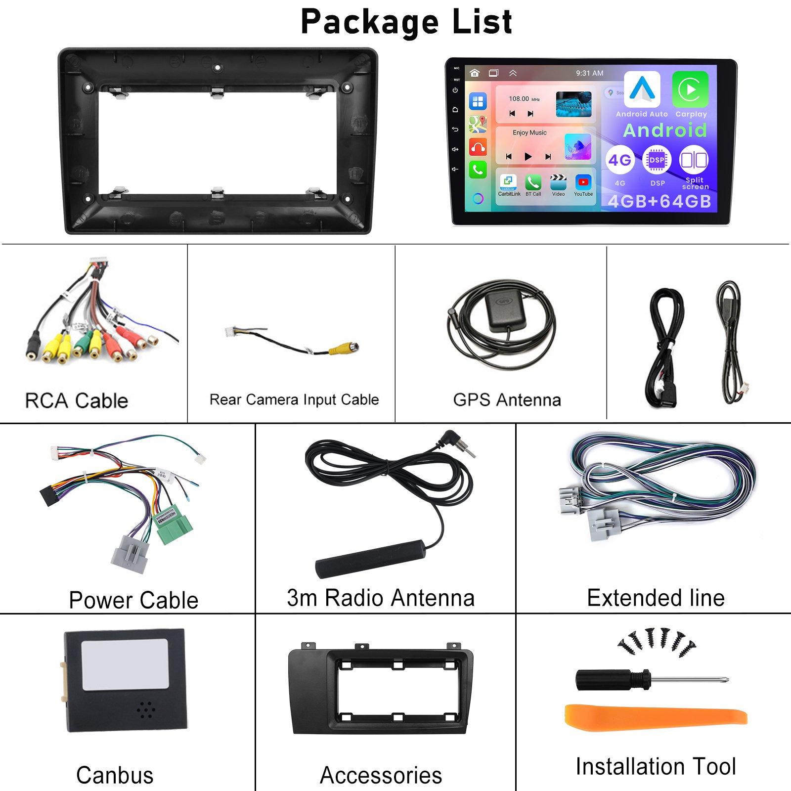 Podofo Android Car Stereo Frame 9 Inch 4+64G Car Radio Frame Carplay Android Auto For Volvo XC70/V70/S60 2004-2007 GPS RDS WIFI