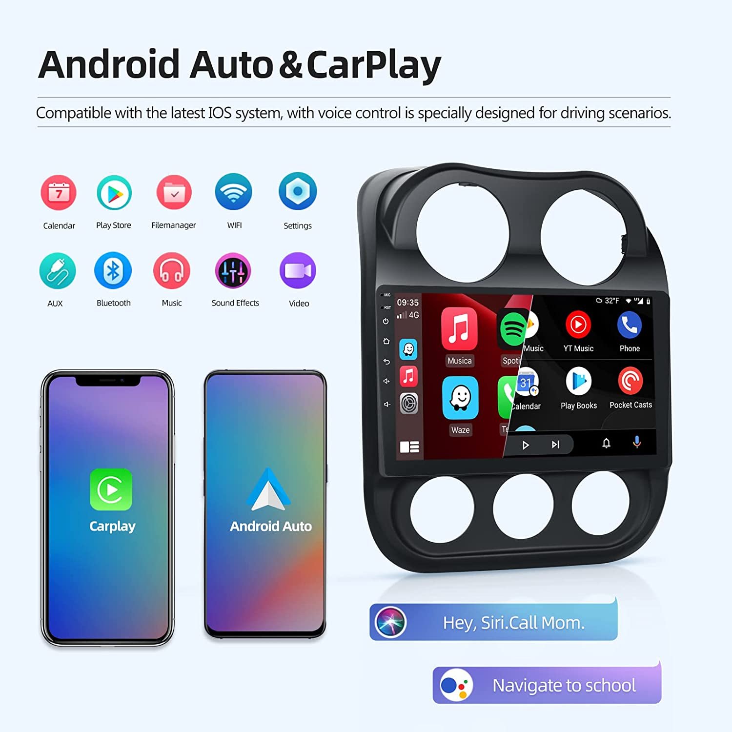 Podofo 10.1" Android 2+32G Car Stereo For JEEP COMPASS 2014 Car Radio Autoradio Carplay Android Auto GPS Wifi Hifi Audio RDS