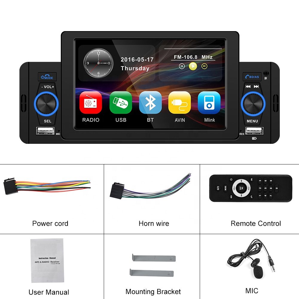 Podofo 5" Single Din Car Stereo with Carplay & Android Auto Car Radio Autoradio Car MP5 Player BT FM USB Fast Charge Head Unit
