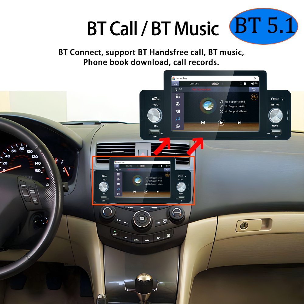 1 Din 5.1'' Touch Screen MP5 Car Radio Video BT Music Stereo Support Carplay Android Auto