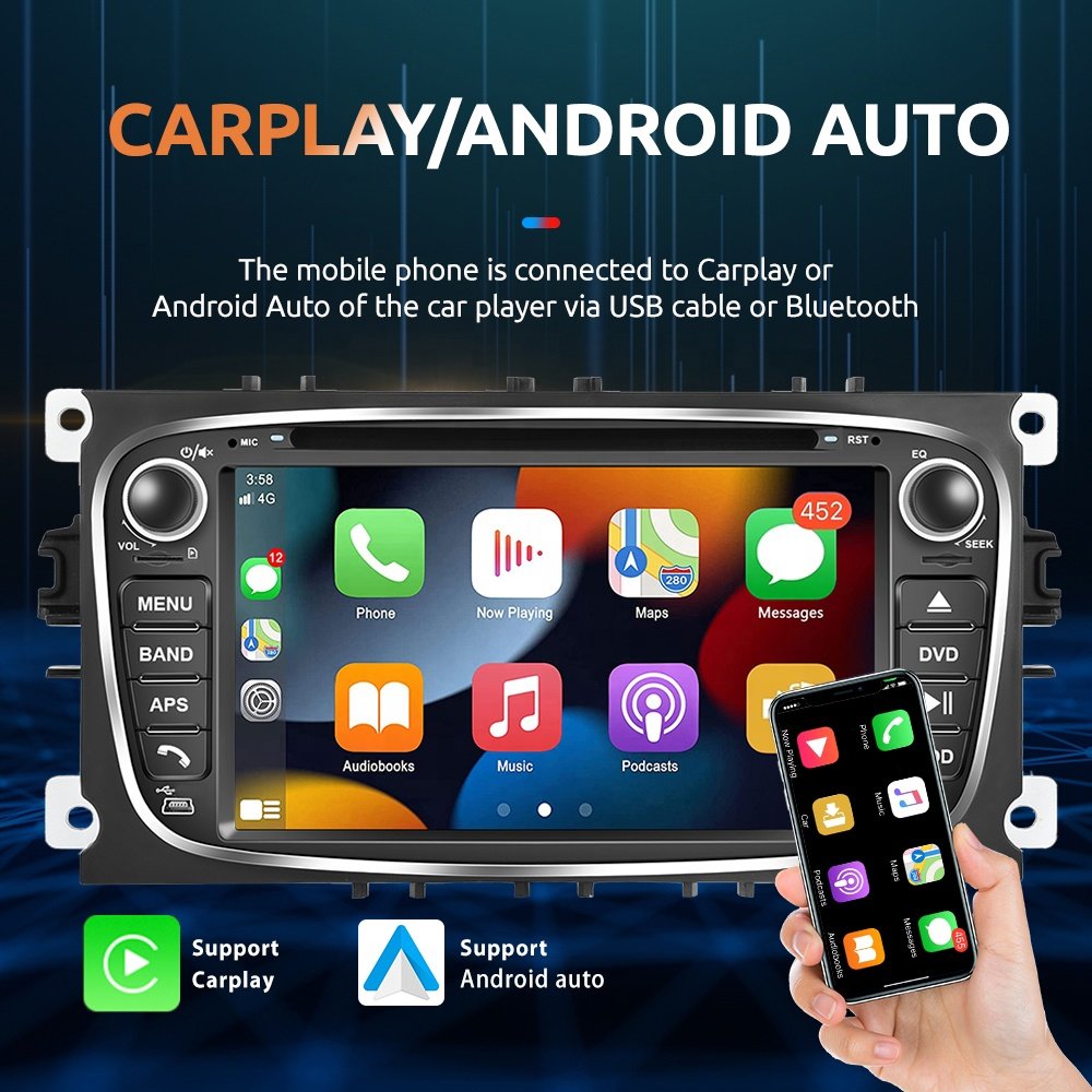 Podofo 7'' Car DVD Player CarPlay/Android Auto Car Stereo Radio CD Player BT FM For Ford Focus/S-Max/Mondeo/Galaxy/C-Max/Kuga