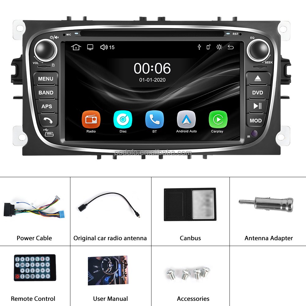 Podofo 7'' Car DVD Player CarPlay/Android Auto Car Stereo Radio CD Player BT FM For Ford Focus/S-Max/Mondeo/Galaxy/C-Max/Kuga