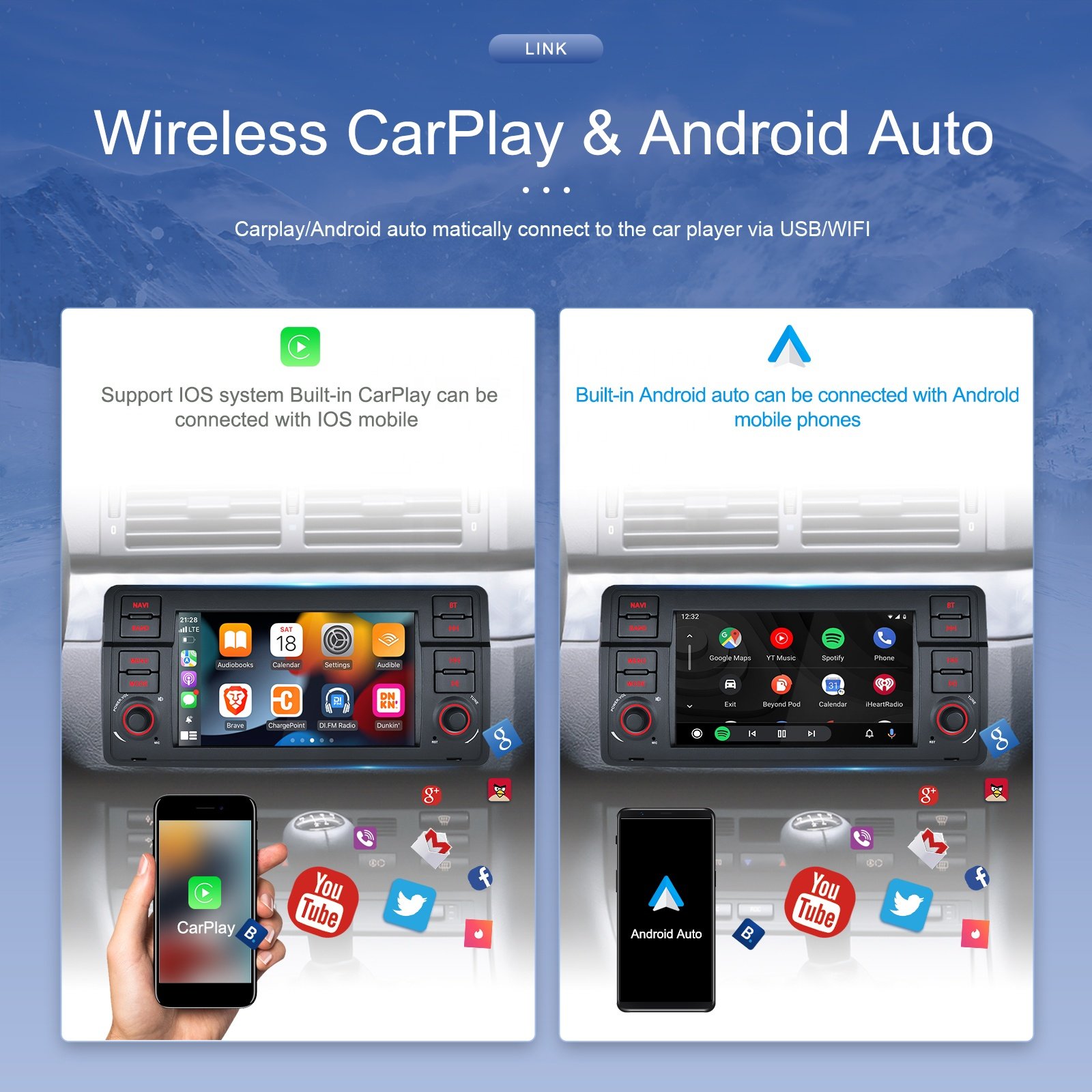 Podofo 7inch Android 2+64GB 2 Din Car Radio For BMW E46 CarPlay & Android Auto GPS WIFI Hifi Audio FM RDS Support AHD Camera