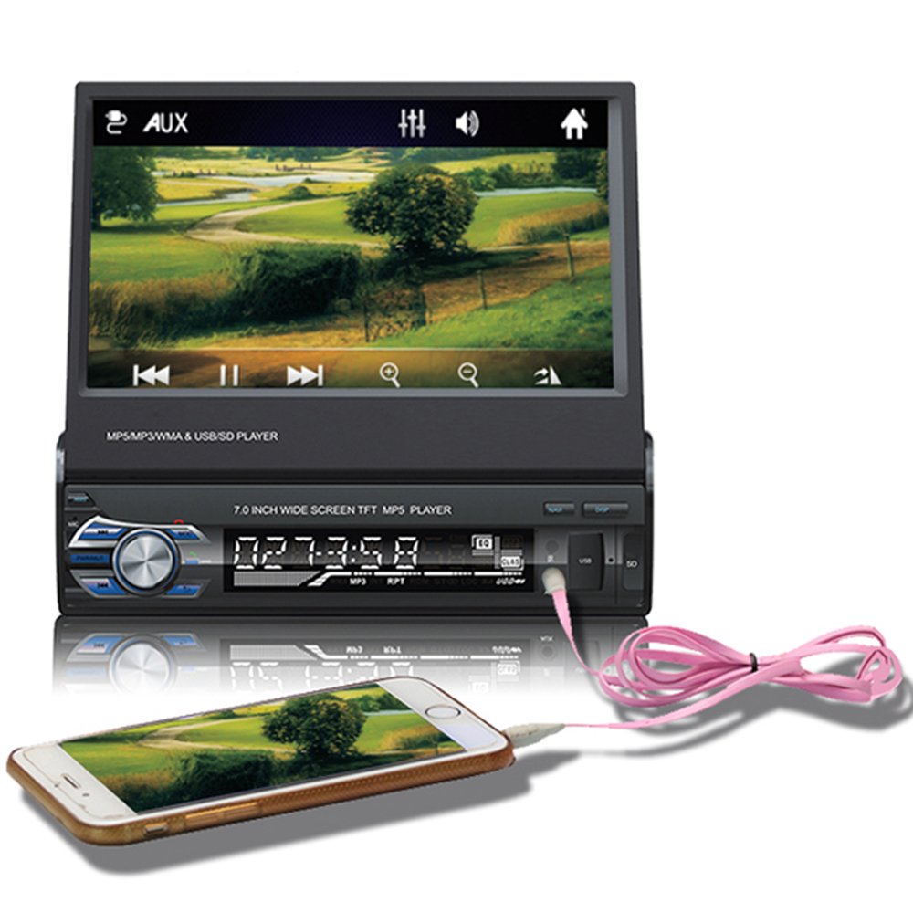Podofo Single Din 7Inch Autoradio With Retractable Screen Car Stereo Radio AUX-IN/ BT/FM/USB/Remote Control