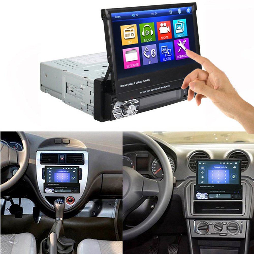 Podofo Single Din 7Inch Autoradio With Retractable Screen Car Stereo Radio AUX-IN/ BT/FM/USB/Remote Control