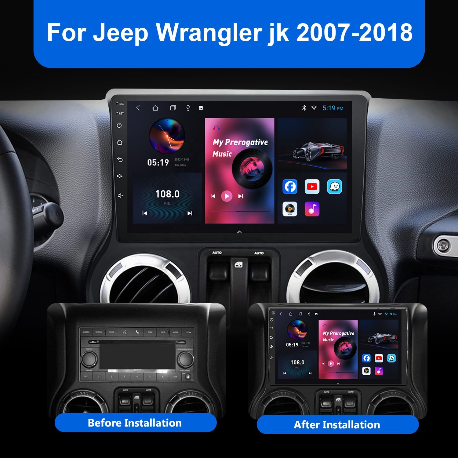 Android 12 car Radio Stereo video 4G WIFI GPS navigation car DVD Player IPS RDS For jeep Wrangler JK 2015 2016 2017 2018