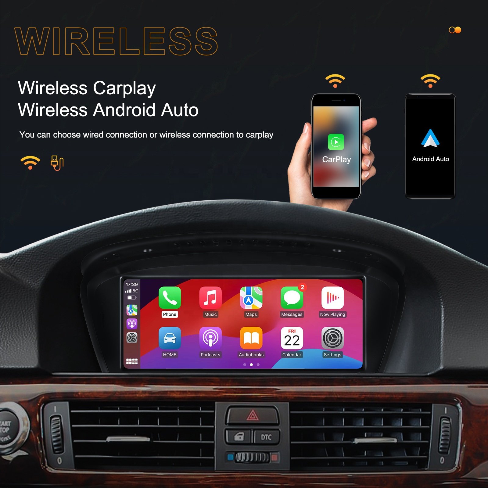 Podofo 8.8'' Car Stereo Wireless Carplay Wireless Android Auto For BMW 3/5 series E60 2005-2008 IPS Touch screen BT Car Radio