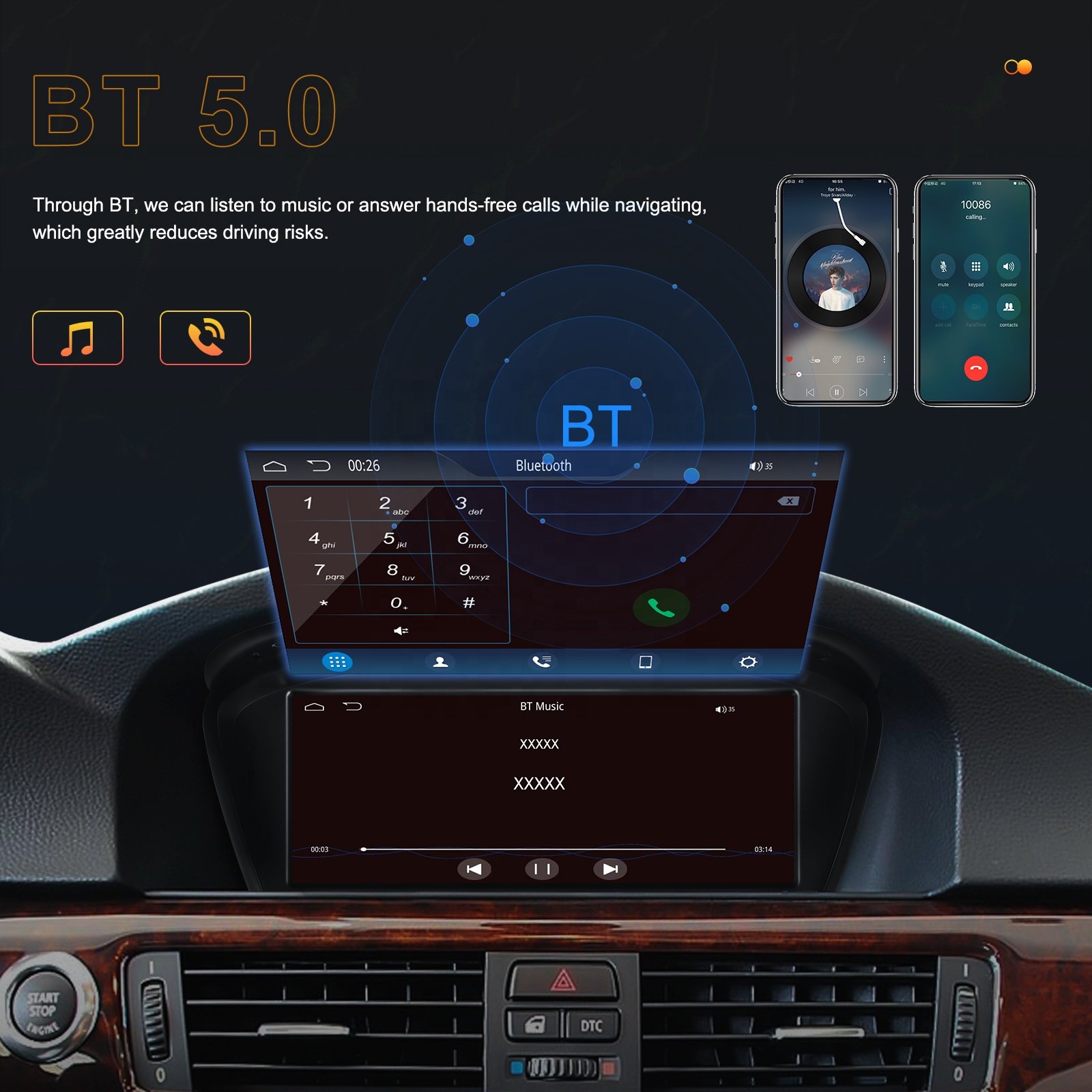 Podofo 8.8'' Car Stereo Wireless Carplay Wireless Android Auto For BMW 3/5 series E60 2005-2008 IPS Touch screen BT Car Radio