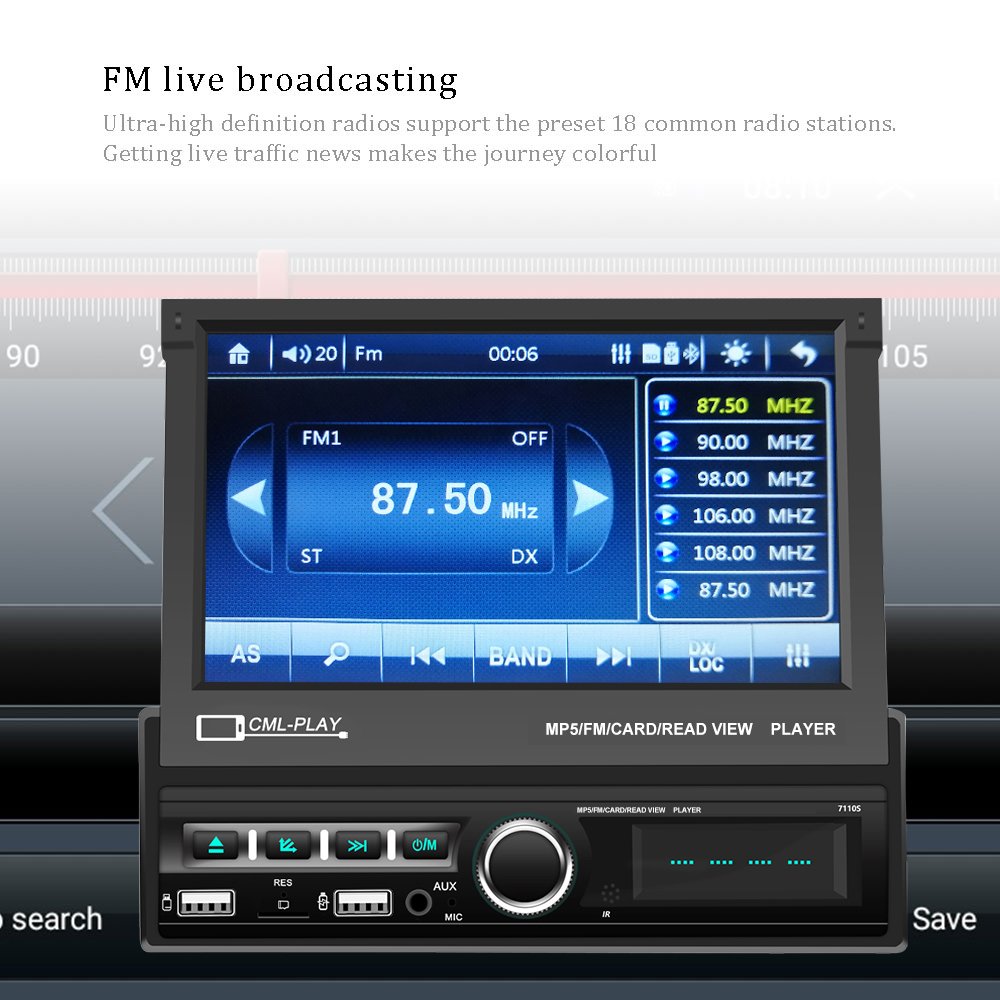 Podofo Wholesales Factory Price Car Video 1Din Stereo 7'' Motorized Retractable Screen MP5 Player USB/TF/ FM/BT/Phone Link
