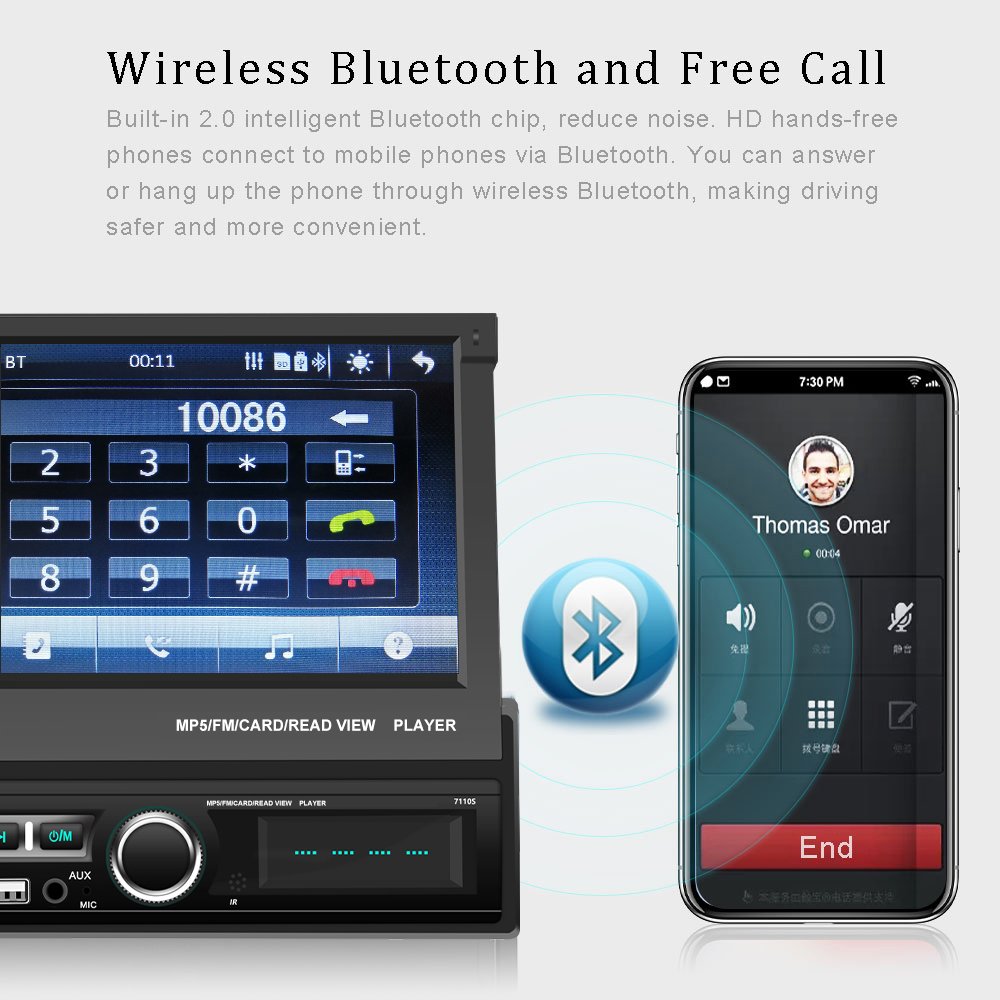 Podofo Wholesales Factory Price Car Video 1Din Stereo 7'' Motorized Retractable Screen MP5 Player USB/TF/ FM/BT/Phone Link