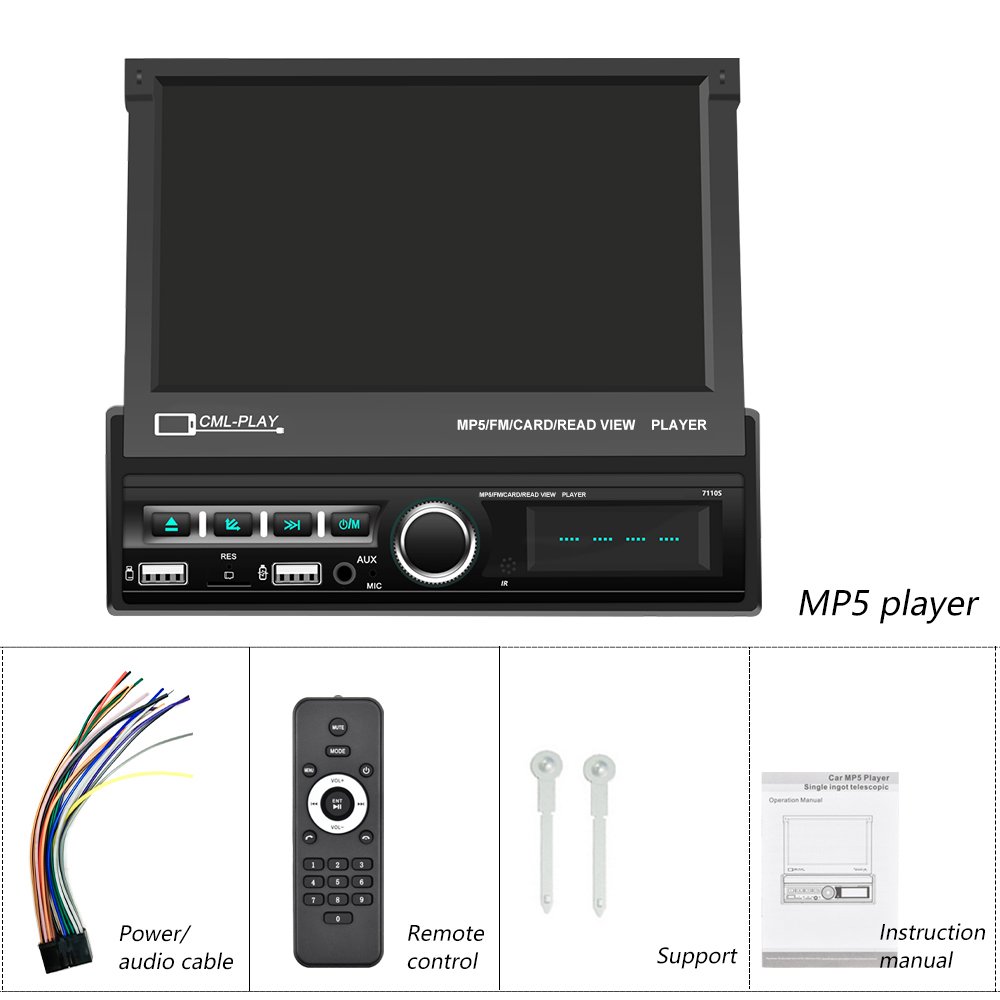 Podofo Wholesales Factory Price Car Video 1Din Stereo 7'' Motorized Retractable Screen MP5 Player USB/TF/ FM/BT/Phone Link