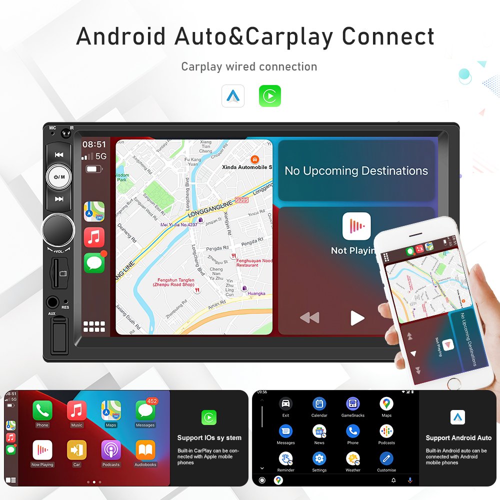 Podofo 2 Din 7'' MP5 Car Radio Carplay & Android Auto Touch Screen 7515B BT FM Receiver TF USB AUX with External Microphone